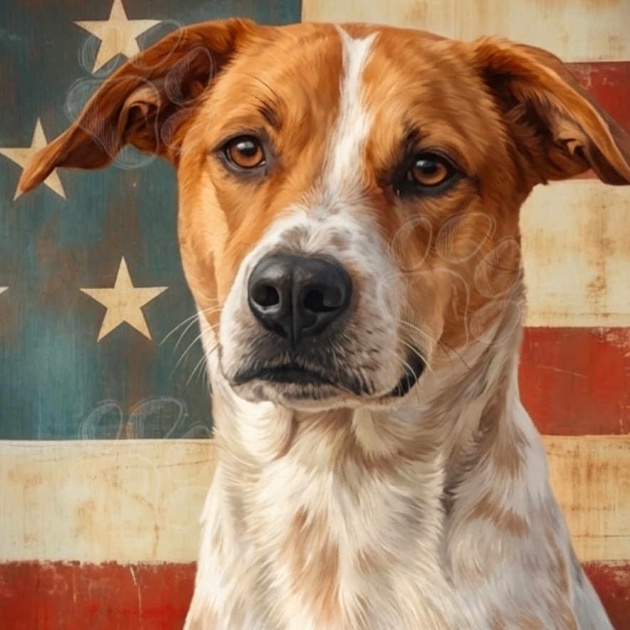 Buddy joined the competition — help win amazing prizes! dog, portrait, patriotic, american_flag, vintage, artwork, illustration, brown_and_white, short_hair, sitting, front_view, serious, alert, canine, pet, animal, stars, stripes, textured_background, centered_composition