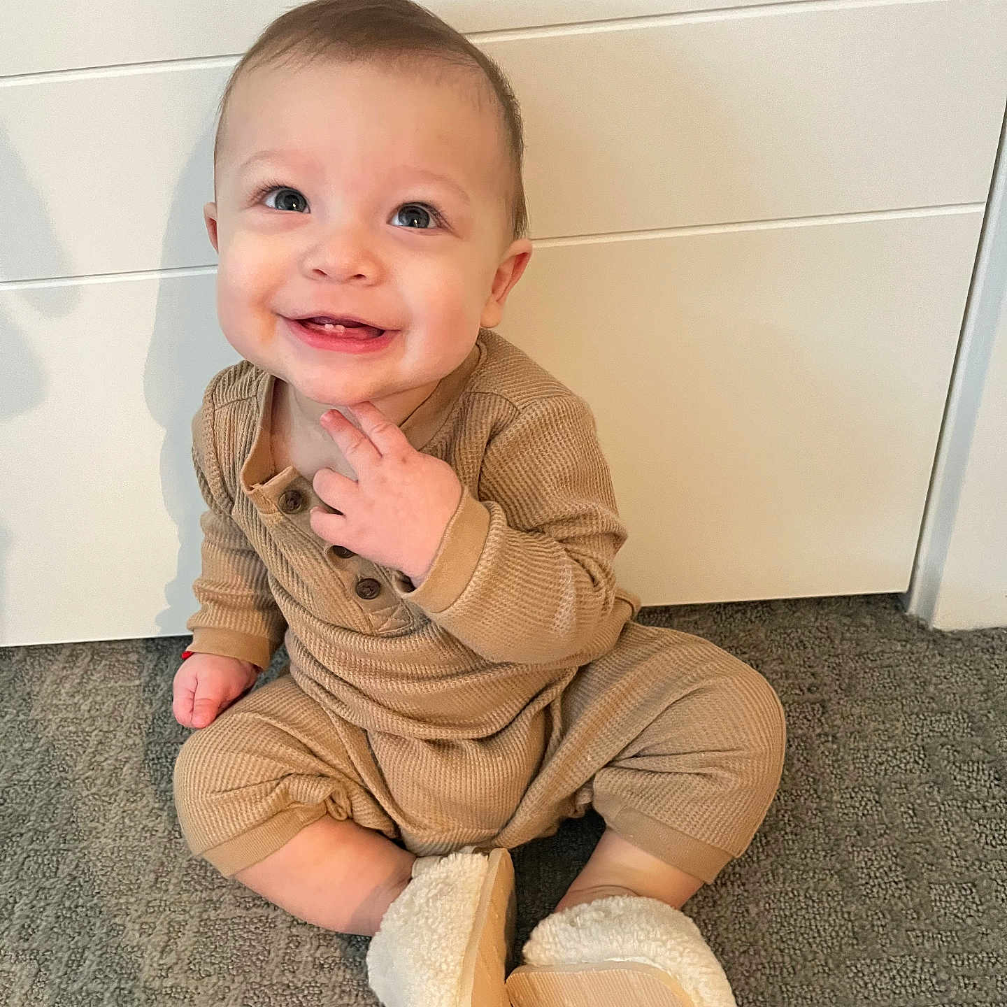 Ezekiel joined the competition — help win amazing prizes! baby, bathroom, bodypart, clothing, face, finger, footwear, hand, happy, head, indoors, pants, person, photography, portrait, room, shoe, sitting, smile, wood