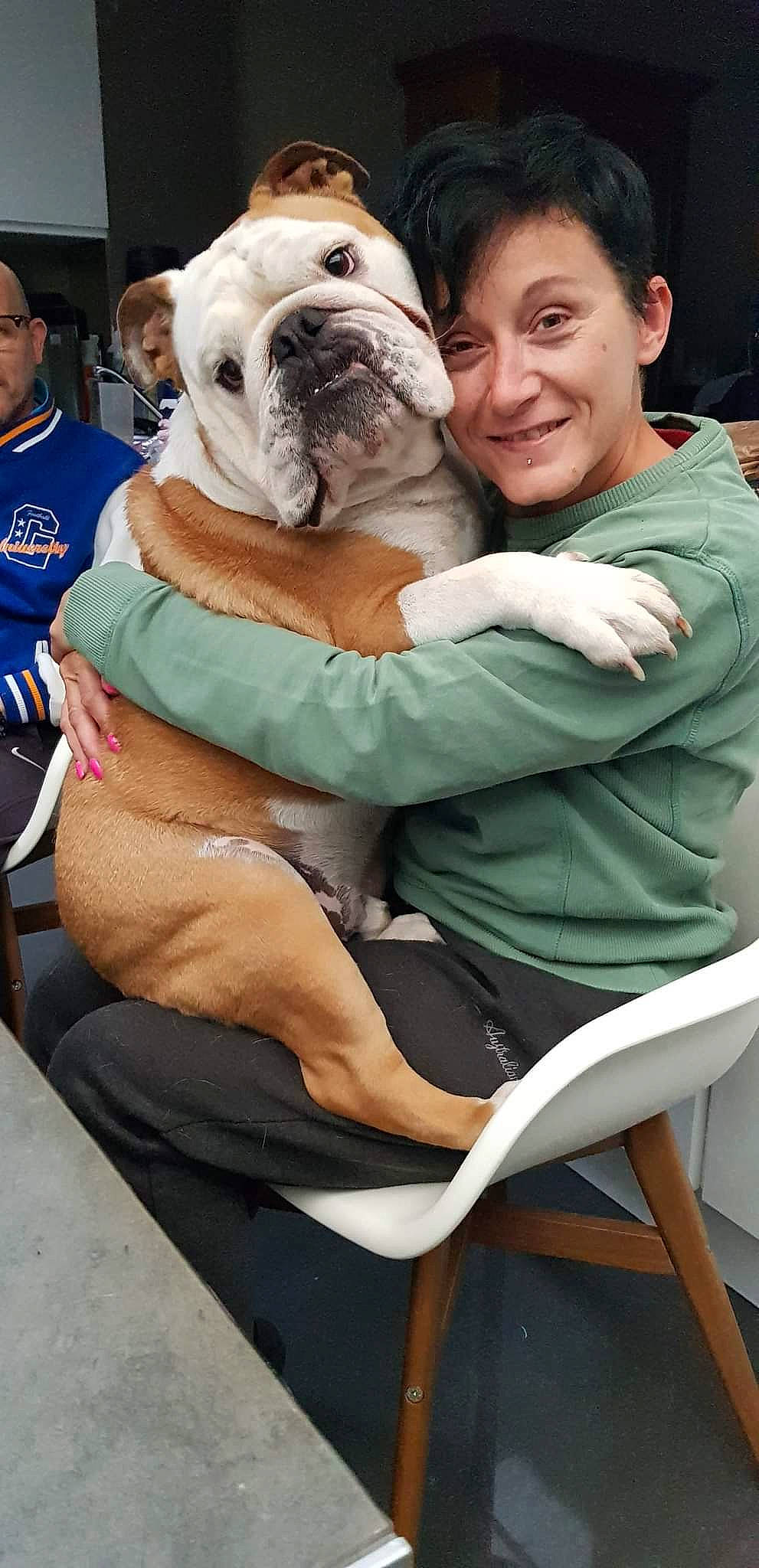 Charly participe au concours pour gagner de l'argent avec cette photo : bulldog, canidae, carnivore, chair, comfort, companion_dog, dog, dog_breed, event, fawn, happy, interaction, leisure, sitting, smile, snout, sporting_group, t_shirt, white, wrinkle