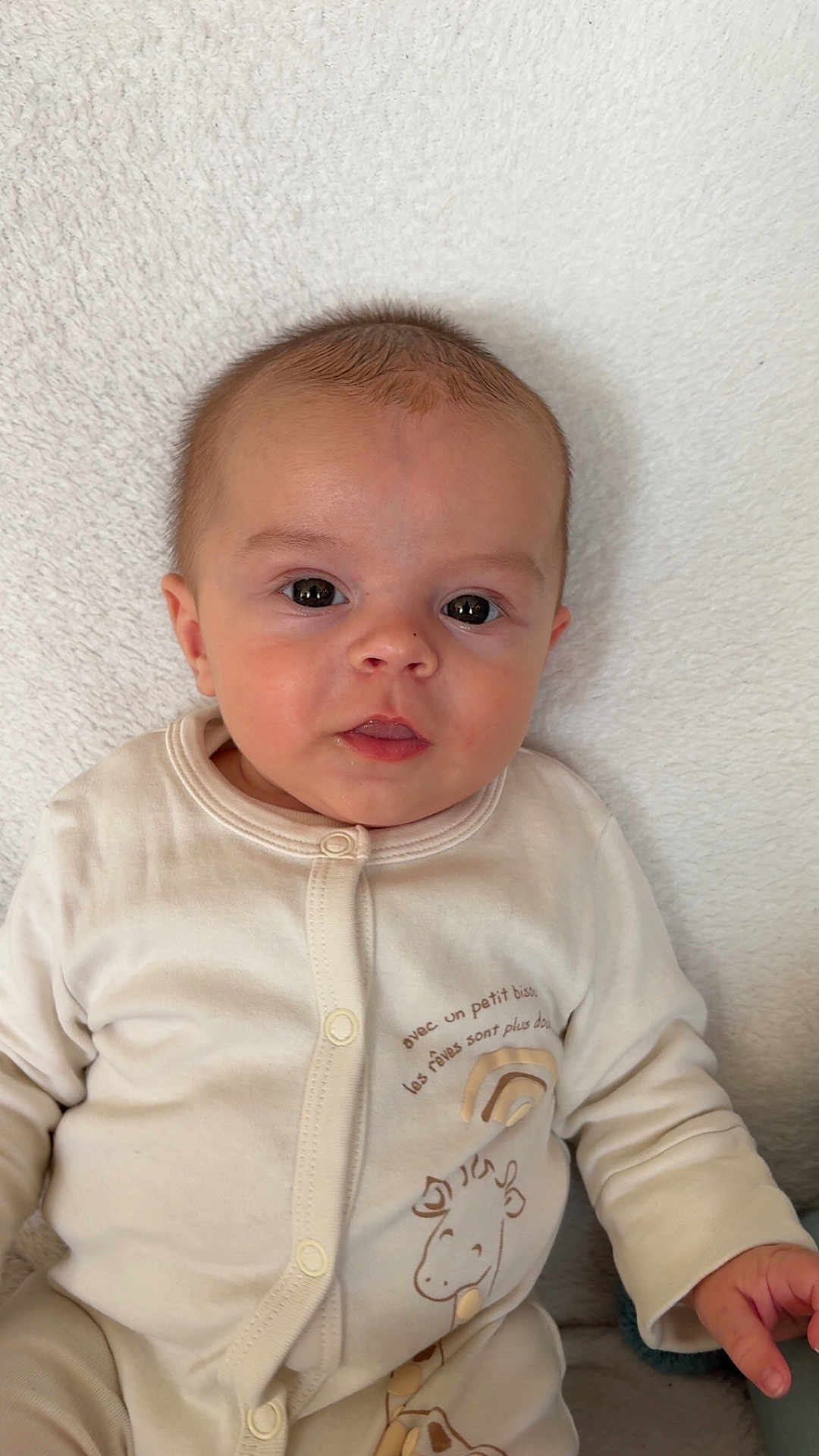 Manéo participe au concours pour gagner de l'argent avec cette photo : baby, infant, face, eyes, onesie, clothing, giraffe, rainbow, text, blanket, soft_texture, cute, child, portrait, lying_down, skin, hand, expression, indoor, newborn