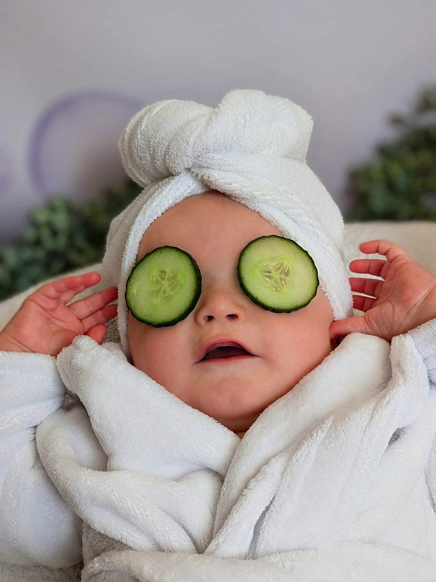 Theodore is registered to the contest to win money with this photo: baby, child, towel, cucumber_slices, spa, relaxation, face, skin_care, robe, headwrap, hands, indoor, cute, funny, wellness, pampering, portrait, person, closeup, healthy