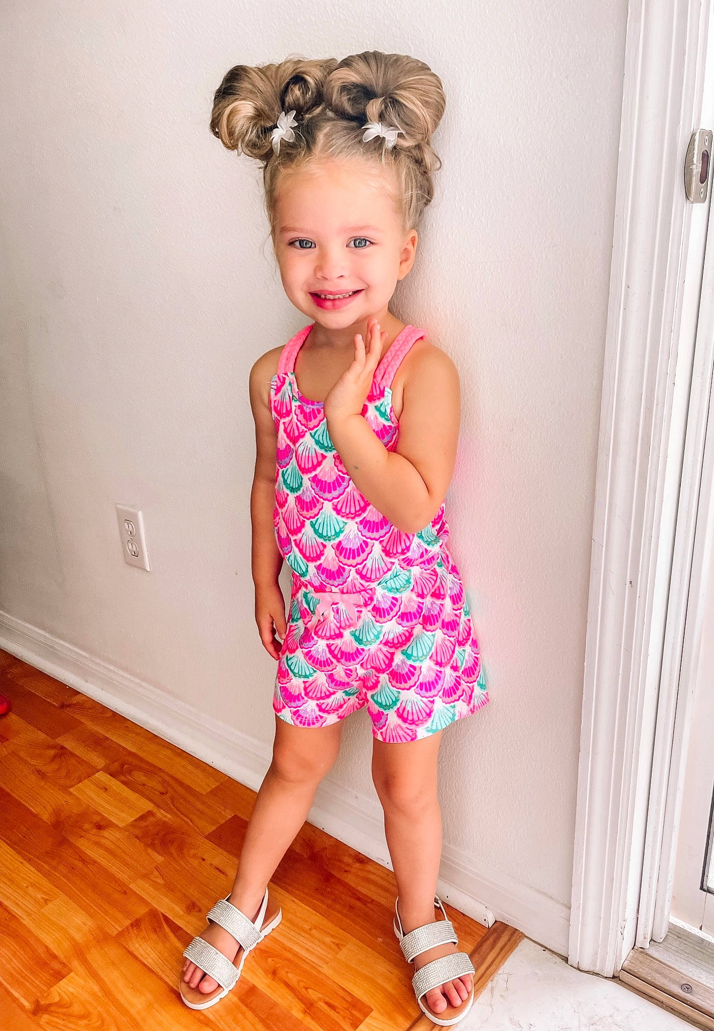 Scarlett joined the competition — help win amazing prizes! baby_toddler_clothing, day_dress, dress, face, fashion_design, flooring, happy, hardwood, human_leg, jewellery, joy, leg, magenta, one_piece_garment, person, pink, shoulder, sleeve, smile, thigh