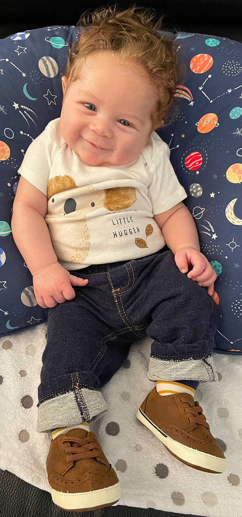 Cade joined the competition — help win amazing prizes! baby, baby_toddler_clothing, cheek, child, cool, facial_expression, hairstyle, hand, happy, head, joy, pattern, person, sitting, skin, sleeve, smile, standing, t_shirt, textile