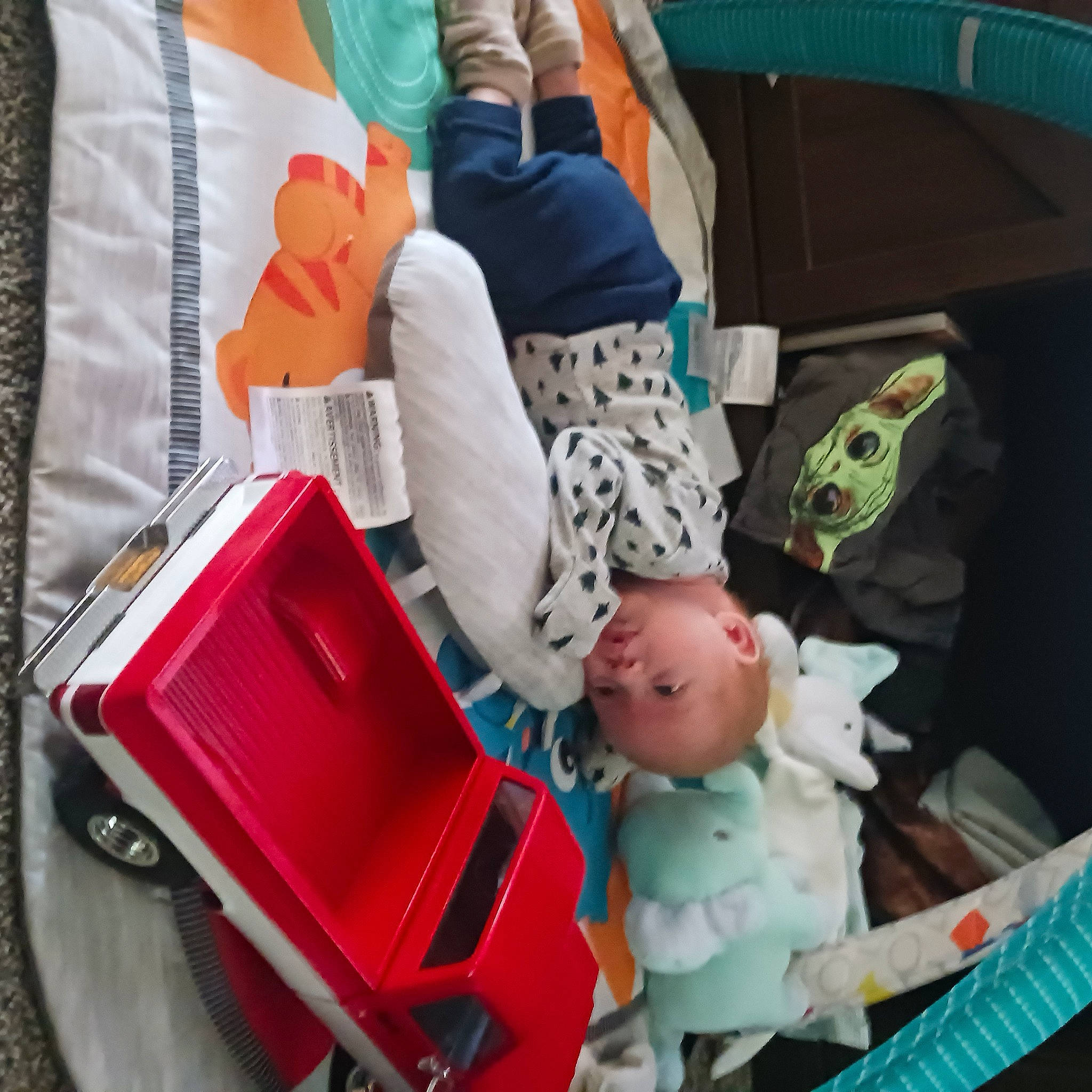 Brantley is registered to the contest to win money with this photo: baby, baby_carriage, baby_products, baby_toys, bag, child, comfort, fun, leisure, linens, luggage_and_bags, motor_vehicle, person, room, sitting, stuffed_toy, toddler, toy, tree, vacation
