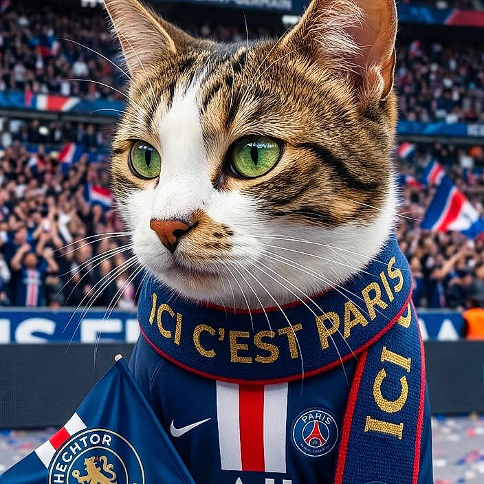 Nala a rejoint le concours — aidez-le/la à gagner de superbes lots ! cat, football, soccer, paris_saint_germain, sports_fan, stadium, jersey, scarf, team_colors, confetti, crowd, match, championship, portrait, sitting, green_eyes, tabby, whiskers, outdoor, animal