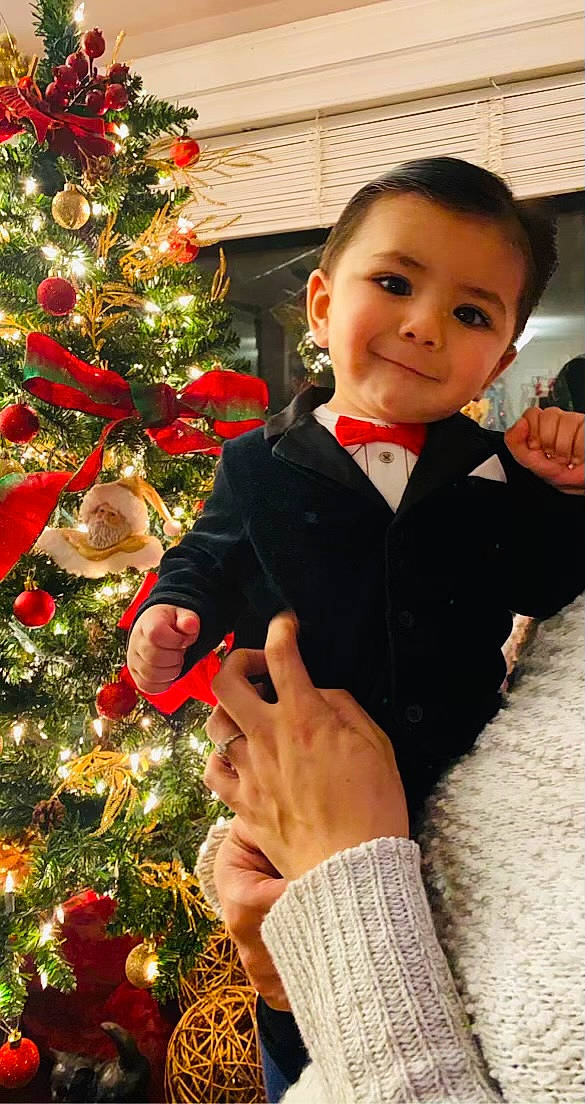 Rocky joined the competition — help win amazing prizes! baby_toddler_clothing, bow_tie, christmas, christmas_decoration, christmas_eve, christmas_lights, christmas_ornament, christmas_tree, collar, event, evergreen, finger, holiday, holiday_ornament, interior_design, joy, nail, ornament, person, pine_family