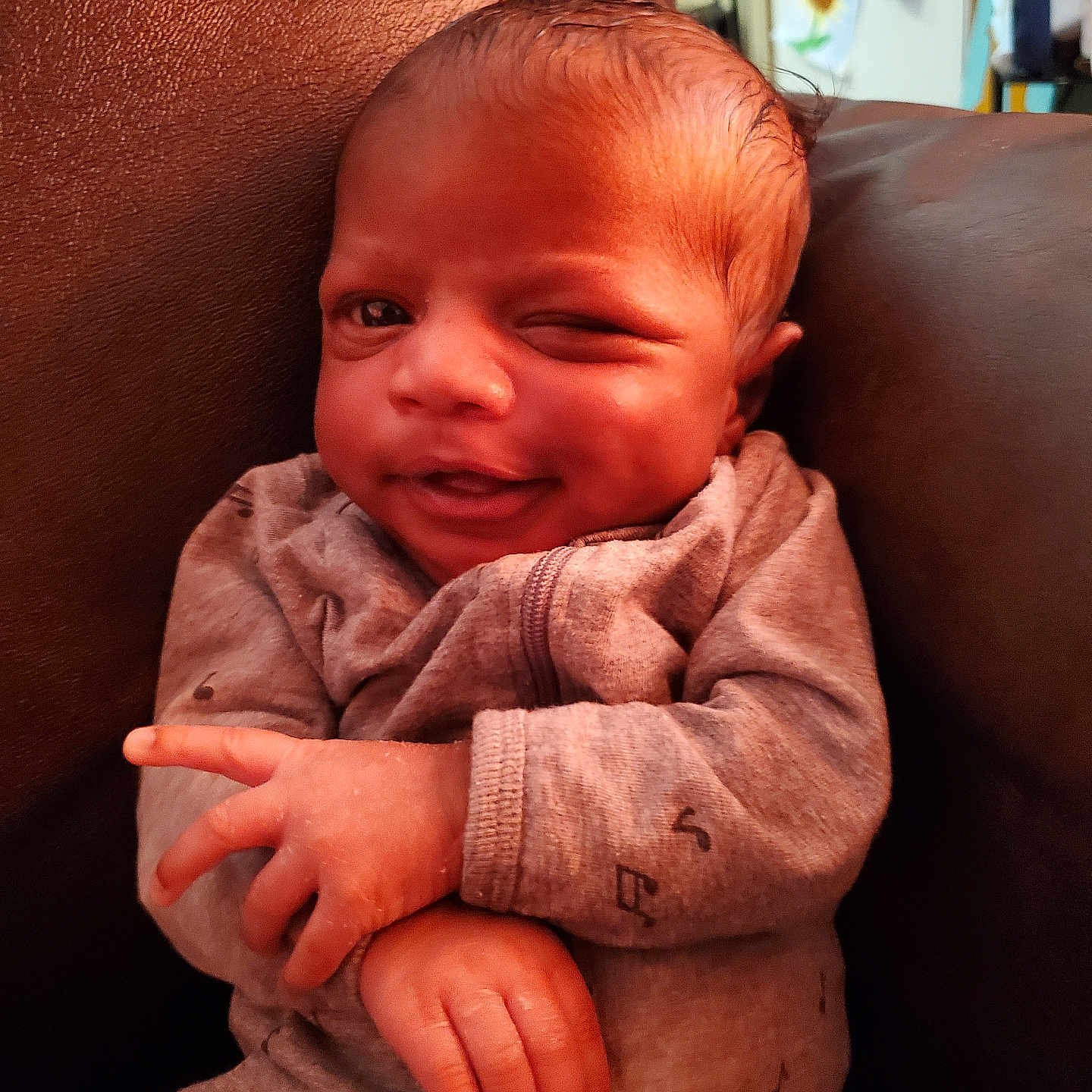 Brock is registered to the contest to win money with this photo: armchair, baby, bodypart, chair, clothing, couch, face, finger, frown, furniture, hand, head, hoodie, knitwear, newborn, person, photography, portrait, sweater, sweatshirt
