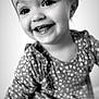 child, toddler, smiling, face, portrait, black_and_white, happy, clothing, pattern, dots, cute, young, person, baby, joyful, innocence, closeup, eyes, expression, soft_background