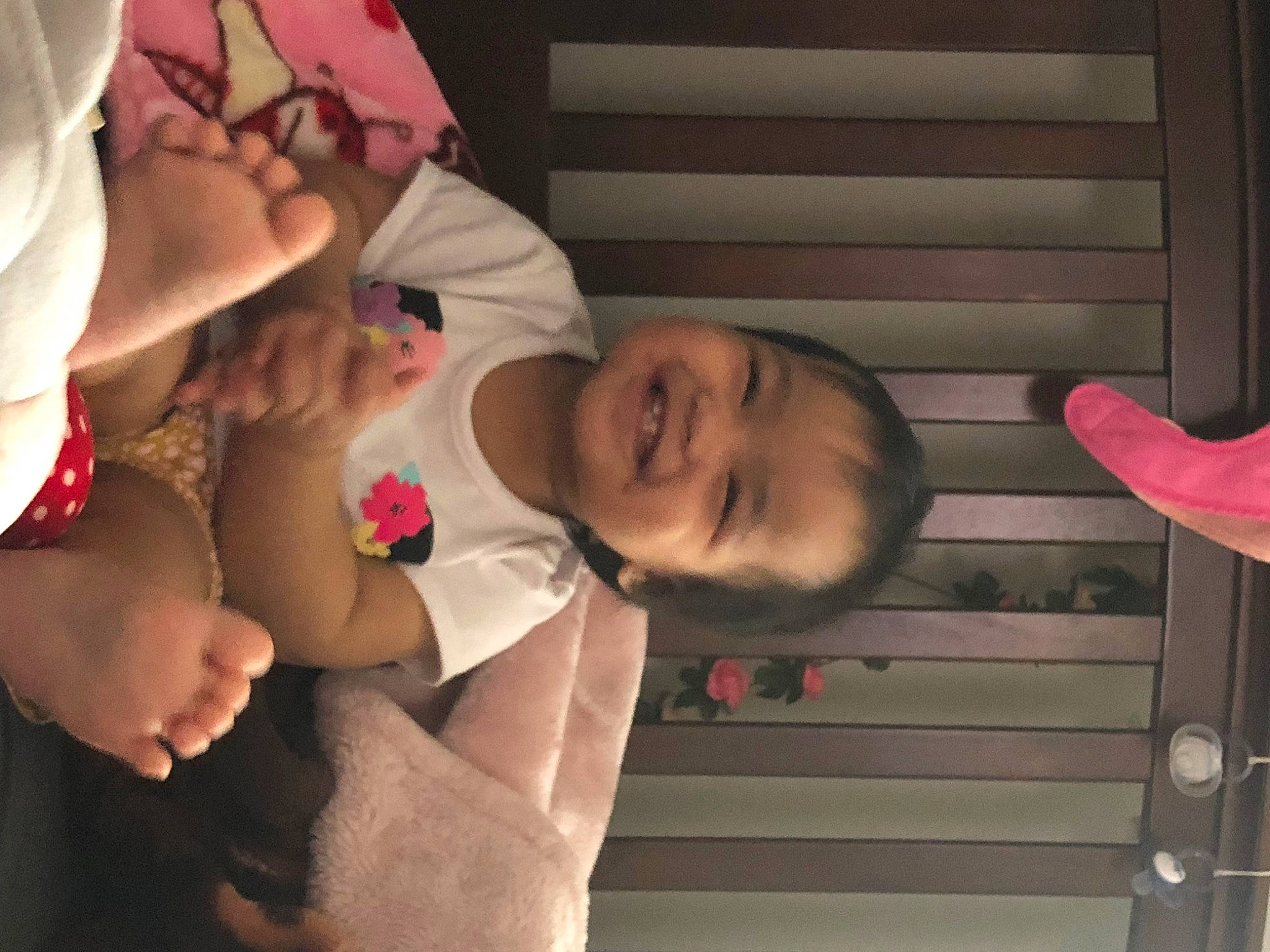 Alina is registered to the contest to win money with this photo: abdomen, baby, chest, elbow, finger, fun, gesture, happy, human_body, joint, joy, leg, mouth, neck, person, pink, shoulder, skin, smile, thumb