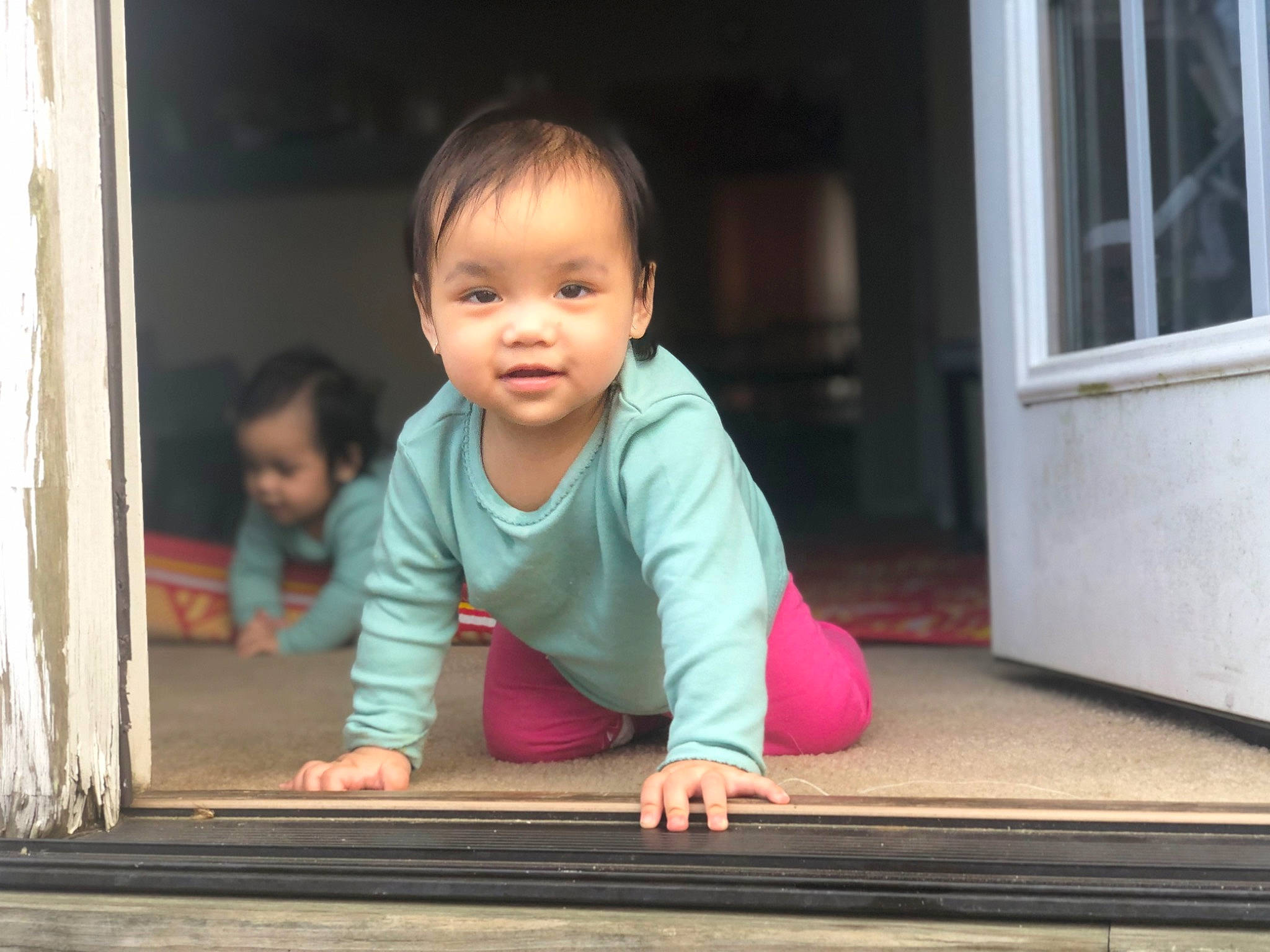 Alina joined the competition — help win amazing prizes! baby, baby_toddler_clothing, blurred, cheek, chin, crawling, dress, eye, flash_photography, floor, flooring, hair, happy, hardwood, human_body, nose, person, skin, smile, standing