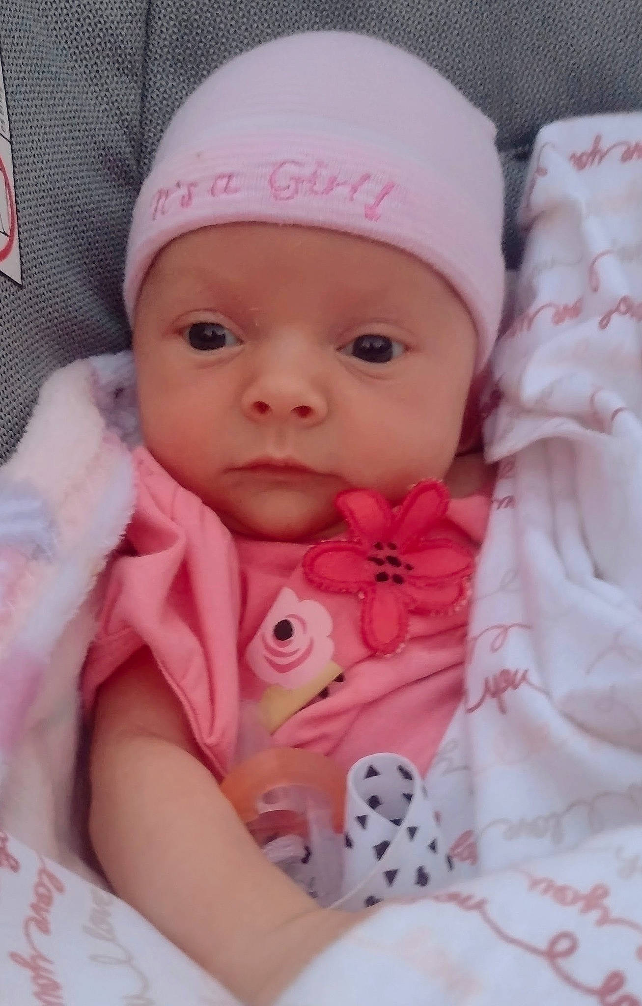 Mckenzie joined the competition — help win amazing prizes! baby, baby_safety, baby_toddler_clothing, cap, cheek, child, comfort, eye, eyelash, face, headwear, iris, knit_cap, linens, lip, nose, person, pink, skin, sleeve
