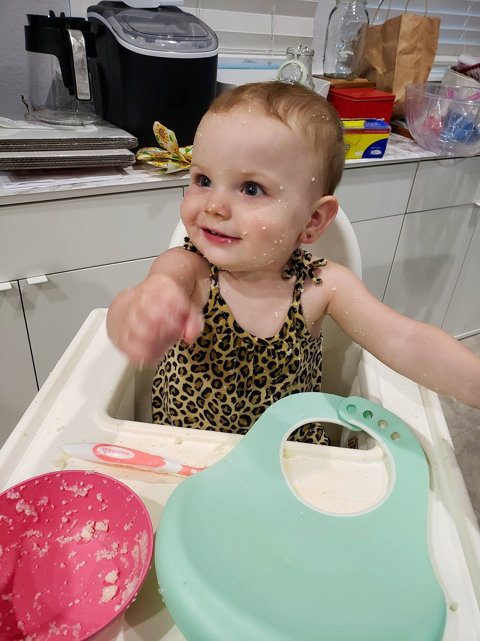 Mckenzie Rain joined the competition — help win amazing prizes! baby, baby_toddler_clothing, chair, child, circle, cooking, dishware, fun, happy, joy, kitchen, kitchen_appliance, pattern, person, plate, room, sitting, smile, t_shirt, table