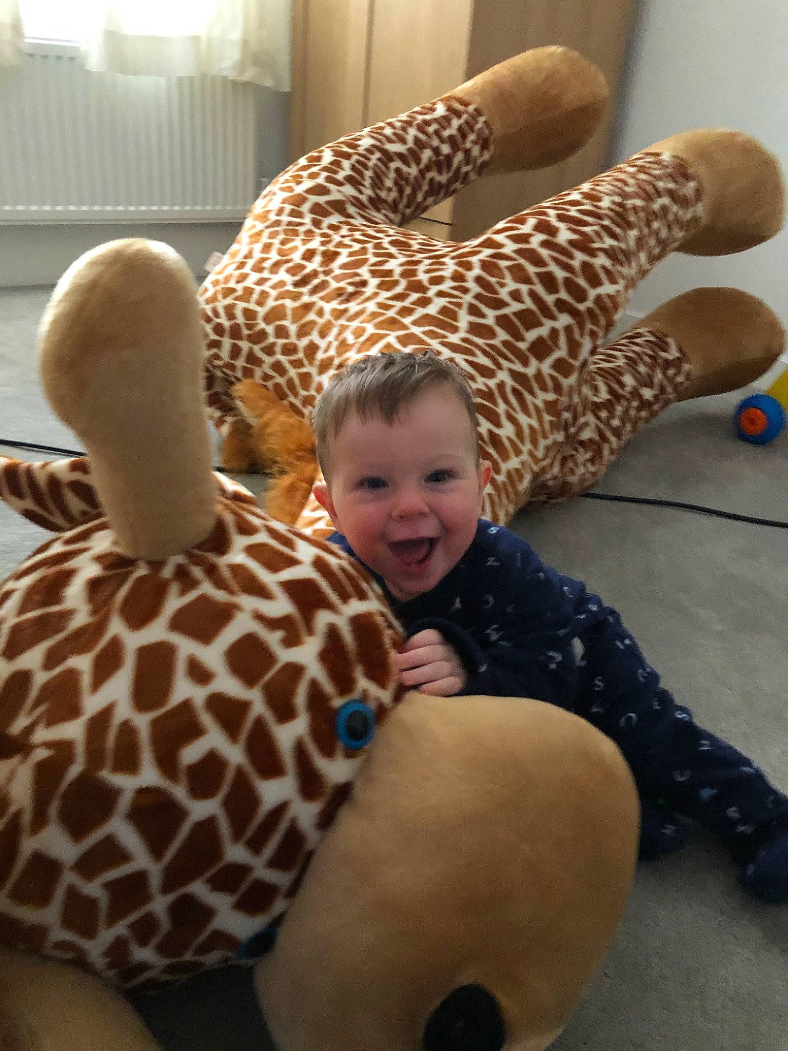 Lenny is registered to the contest to win money with this photo: child, ear, fawn, felidae, giraffe, giraffidae, organism, person, play, plush, stuffed_toy, terrestrial_animal, toddler, toy, vacation, wildlife