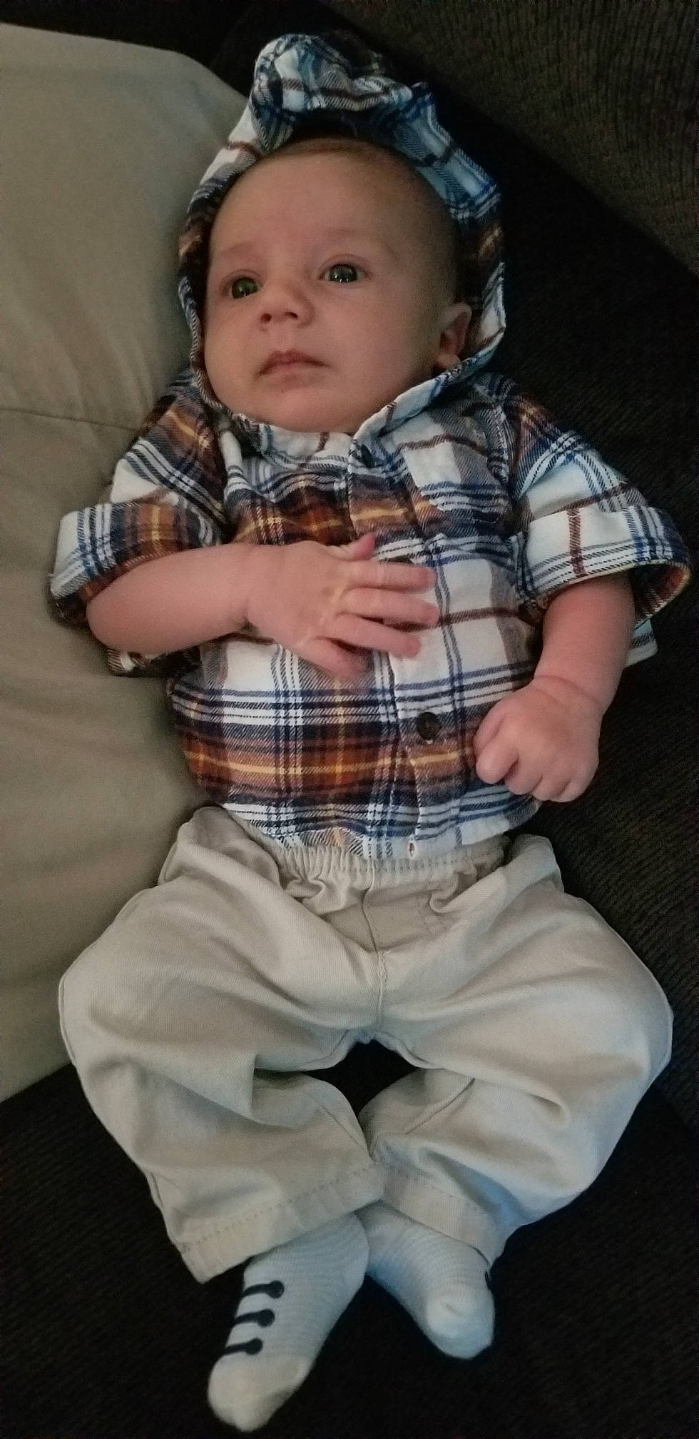 Keaton joined the competition — help win amazing prizes! arm, baby, beige, cheek, child, design, head, pattern, person, plaid, sitting, tartan, textile, toddler