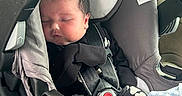 Dean joined the competition — help win amazing prizes! newborn, baby, sleeping, infant, car_seat,  안전, harness, seatbelt, vehicle, portrait, face, closed_eyes, peaceful, indoors, travel, stroller, blanket, checkered_blanket, gray, safety