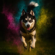 Cayenne participe au concours pour gagner de l'argent avec cette photo : action_shot, animal, black_background, canine, color_powder, dog, dynamic, energetic, fur, grass, happy, jumping, motion, outdoor, pet, playful, portrait, running, siberian_husky, vibrant_colors