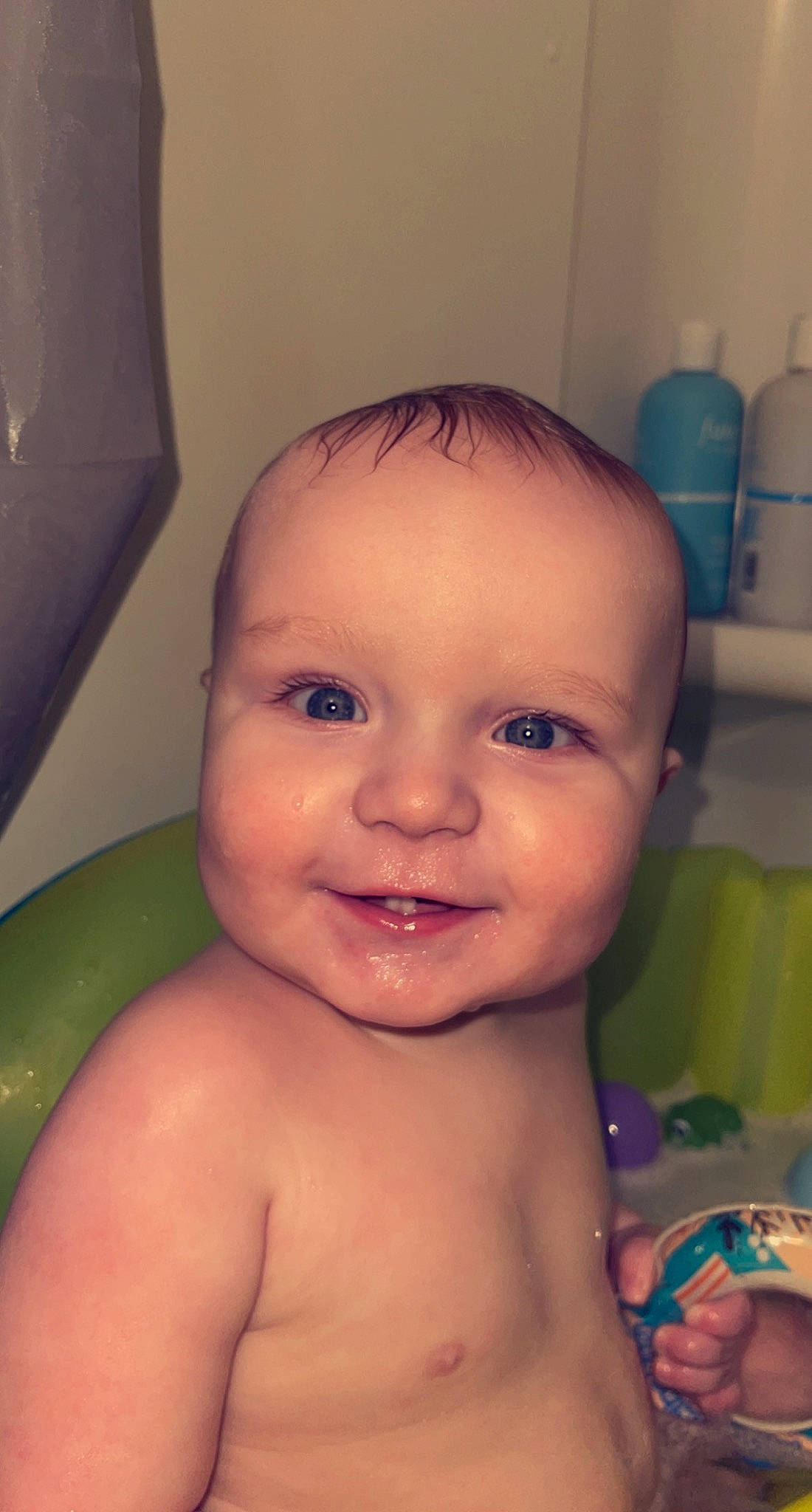 Waylon joined the competition — help win amazing prizes! baby_bathing, blue, cheek, chin, ear, eye, eyebrow, eyelash, forehead, hair, head, human_body, iris, jaw, joy, lip, mouth, neck, nose, person