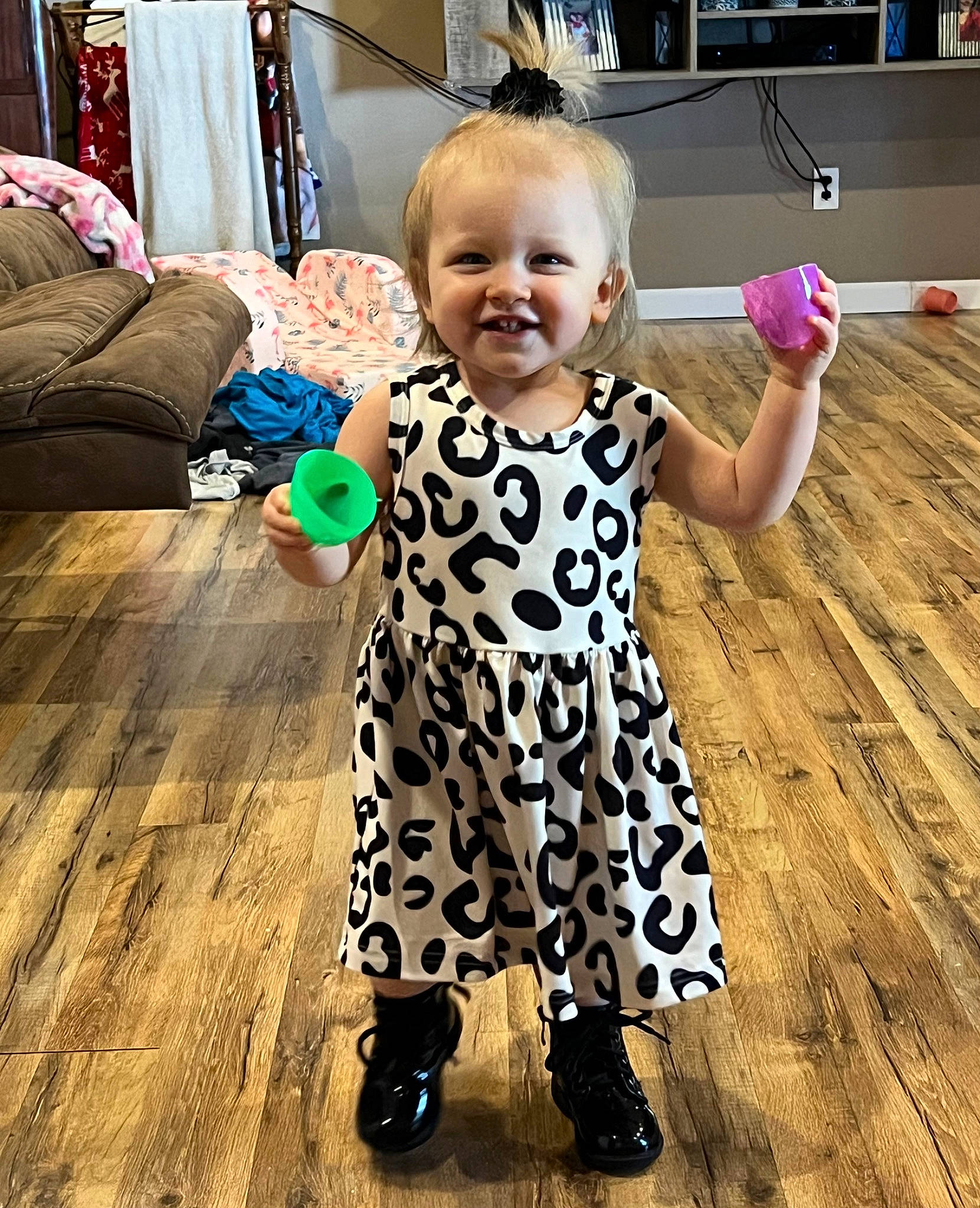 Mae joined the competition — help win amazing prizes! baby, baby_toddler_clothing, child, day_dress, dress, flooring, fun, hand, happy, hardwood, head, joy, pattern, person, play, shoulder, sleeve, smile, t_shirt, toddler