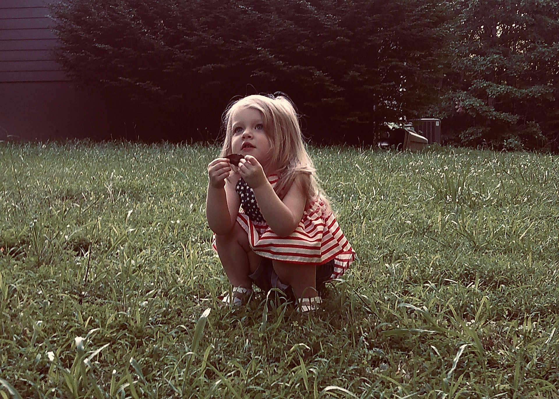 Mae is registered to the contest to win money with this photo: child, girl, grass, outdoor, nature, leaf, dress, summer, crouching, curly_hair, cute, young, portrait, daylight, greenery, yard, casual, exploring, person, feet