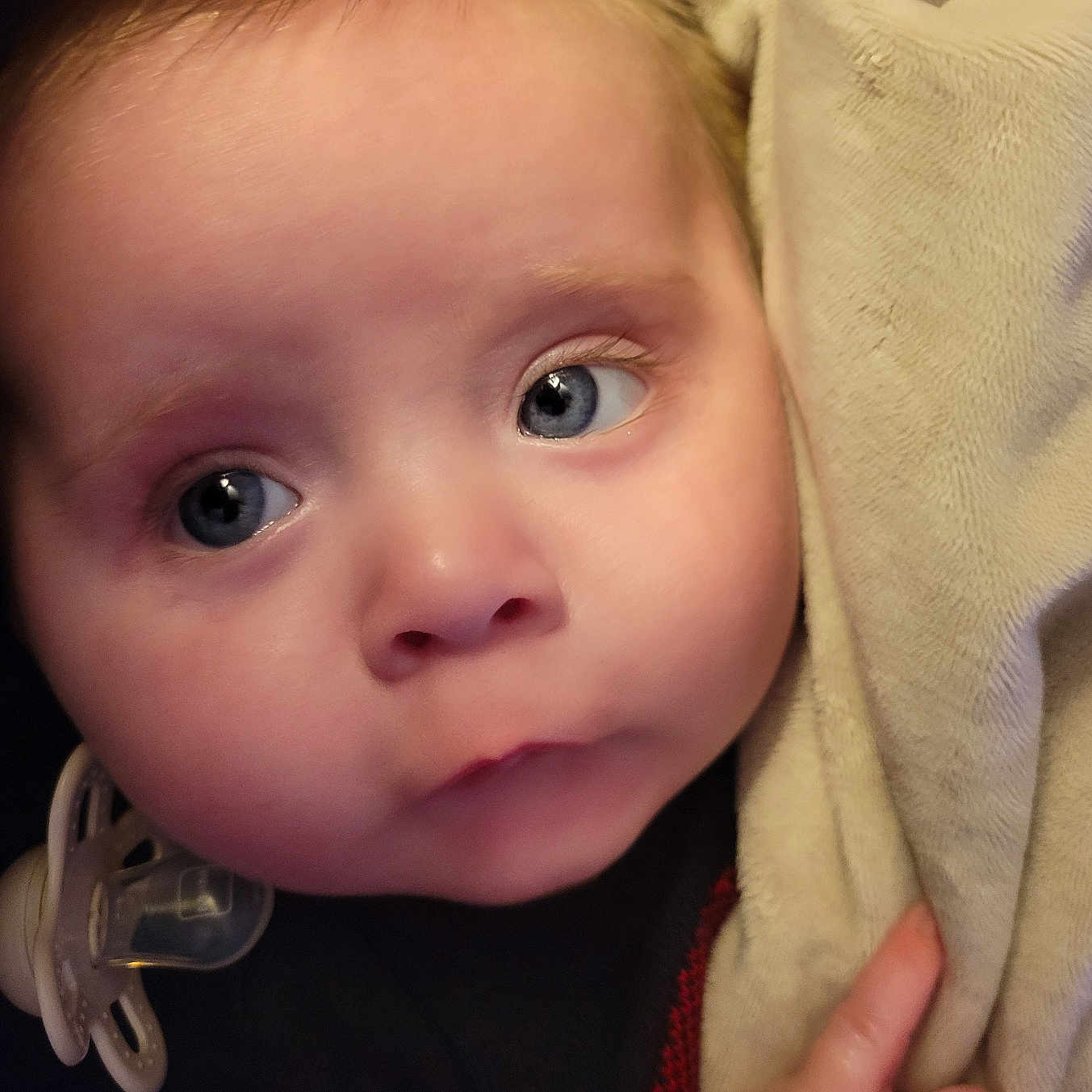 Andrea a rejoint le concours — aidez-le/la à gagner de superbes lots ! baby, blanket, blue_eyes, close_up, clothing, comfort, cute, expression, face, hand, indoors, infant, pacifier, person, portrait, skin, soft, toddler, warm, young_child