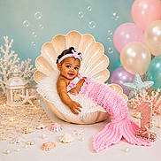 Malani is registered to the contest to win money with this photo: baby, mermaid, pink, shell, balloons, birthday, first_birthday, smile, seashells, starfish, lantern, net, pearls, headband, cute, decoration, celebration, portrait, infant, happy