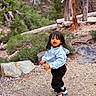 Divgun is registered to the contest to win money with this photo: child, toddler, outdoor, forest, rocks, trail, hoodie, black_pants, sneakers, nature, trees, greenery, curious, playful, standing, daylight, casual_clothing, young_child, walking, adventure