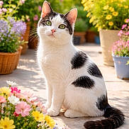 Minette a rejoint le concours — aidez-le/la à gagner de superbes lots ! cat, black_and_white, green_eyes, flower_pots, colorful_flowers, garden, outdoor, sunlight, pet, animal, sitting, curious, nature, plants, pathway, daylight, fur, whiskers, tail, peaceful
