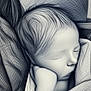 baby, newborn, sleeping, infant, swaddle, blanket, closed_eyes, peaceful, portrait, head, hair, cheek, nose, hand, arm, fabric, seat, stylized, monochrome, sketch_filter