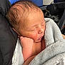 baby, newborn, infant, sleeping, blanket, swaddle, close_up, portrait, face, head, hair, closed_eyes, cheek, hand, arm, skin, soft_texture, cozy, seat, blanket_edge