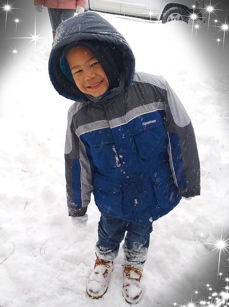 Kymani joined the competition — help win amazing prizes! black_hair, child, cool, denim, freezing, jacket, jeans, joy, outerwear, person, playing_in_the_snow, smile, snow, toddler, trousers, winter