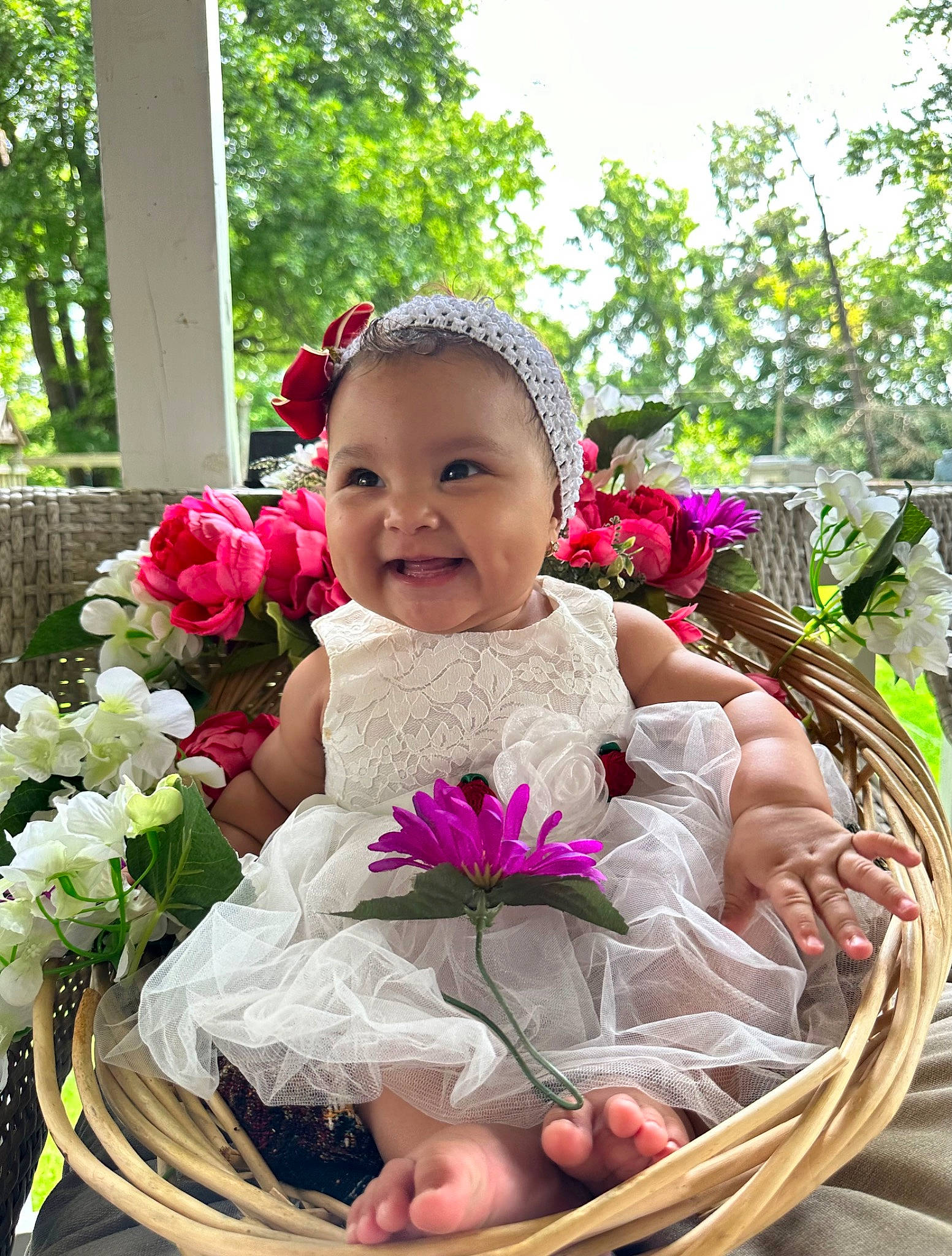 Abby joined the competition — help win amazing prizes! baby, baby_toddler_clothing, basket, child, dress, event, flower, fun, grass, happy, hat, joy, leisure, person, petal, pink, plant, sitting, smile, storage_basket