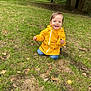 acorn, blue_eyes, child, cute, fall_leaves, grass, happy, jeans, lawn, nature, outdoor, playful, shed, smiling, stick, toddler, trees, wooden_shed, yellow_raincoat, young_child