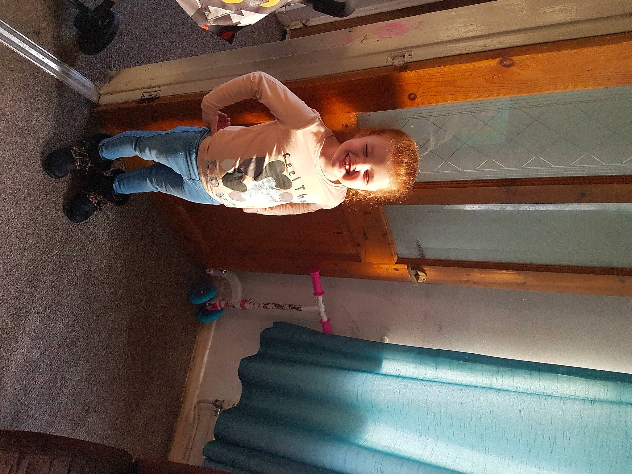 Kiera is registered to the contest to win money with this photo: beam, ceiling, door, elbow, flooring, fun, handrail, hardwood, joy, light, metal, person, plaster, room, shadow, stairs, tints_and_shades, walking_shoe, window, wood