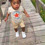 Chosenknowledge is registered to the contest to win money with this photo: toddler, child, baby, standing, outdoors, wooden_ramp, boardwalk, portrait, face, wide_eyed, pigtails, curly_hair, t_shirt, shorts, sneakers, flowers, grass, house, daylight, converse