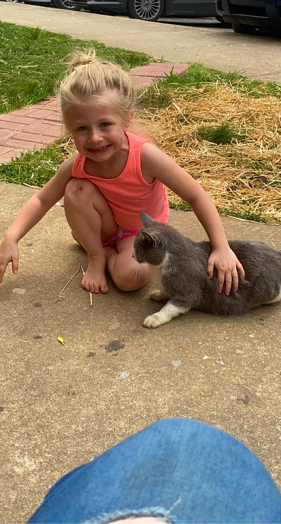Aubrey is registered to the contest to win money with this photo: barefoot, child, fawn, foot, fun, grass, hairstyle, joy, mammal, person, plant, reptile, rodent, shorts, sitting, smile, soil, tail, terrestrial_animal, thigh