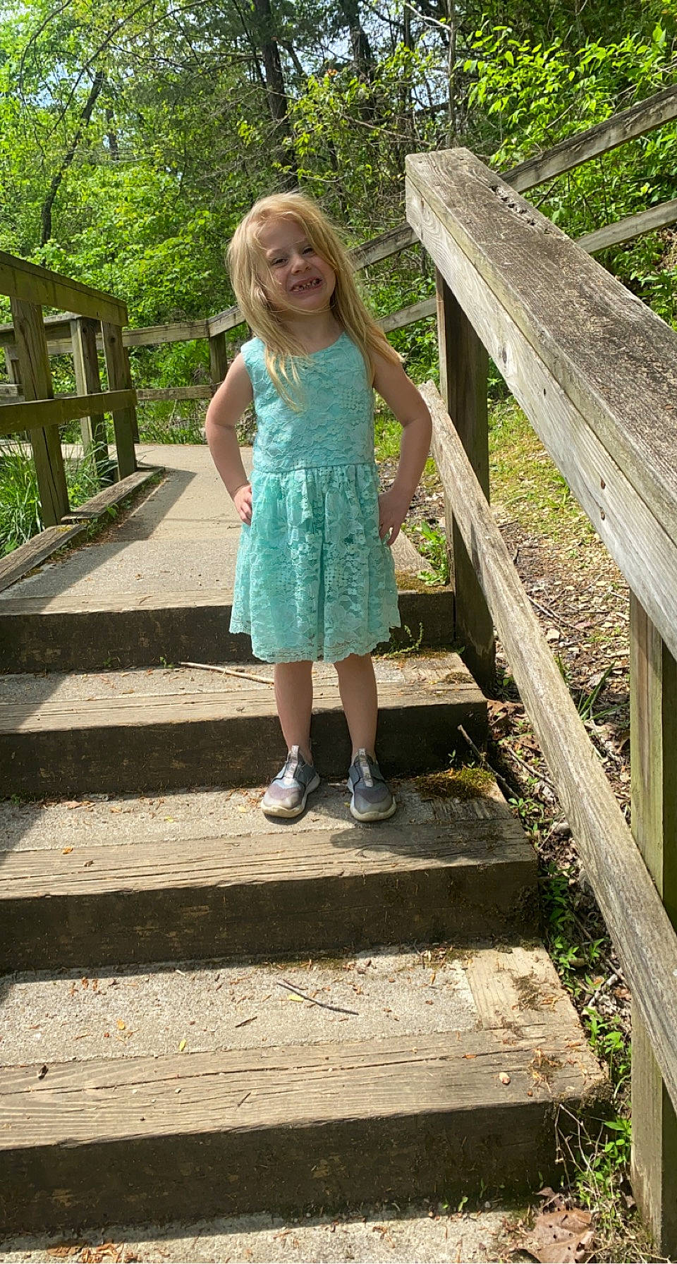 Aubrey joined the competition — help win amazing prizes! baby_toddler_clothing, blond, bridge, clothing, dress, forest, fun, grass, happy, joy, leg, leisure, pattern, people_in_nature, person, plant, recreation, smile, tints_and_shades, toddler