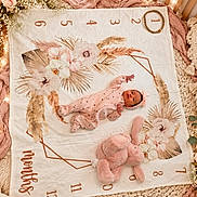 Valentina is registered to the contest to win money with this photo: newborn, baby, infant, lying_down, portrait, milestone_blanket, floral, flowers, pink, headband, onesie, plush_toy, bunny, nursery, cozy, blanket, macro_photography, decorative, indoor, sleeping