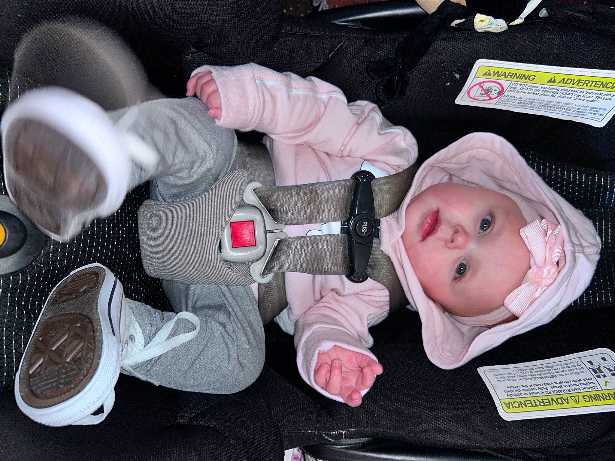 Callie is registered to the contest to win money with this photo: baby, baby_carriage, baby_products, baby_safety, baby_toddler_clothing, car_seat, carmine, cheek, child, comfort, headgear, headwear, human_body, linens, nail, person, personal_protective_equipment, pink, plastic, product