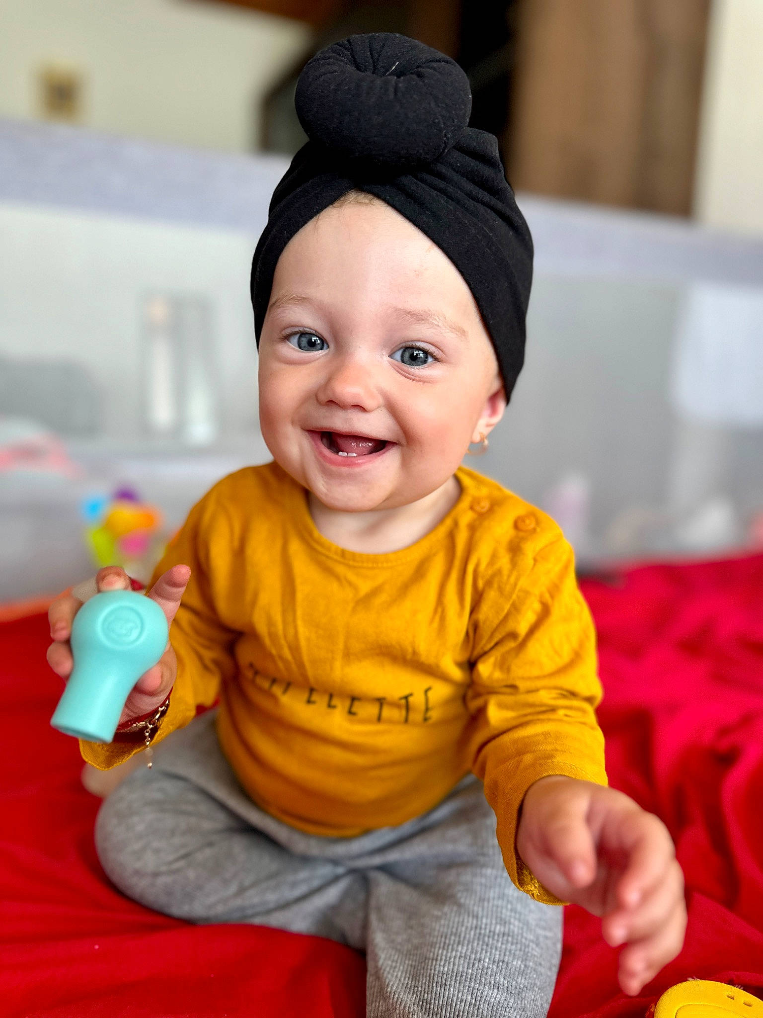 Briana Sophia Maria participe au concours pour gagner de l'argent avec cette photo : baby, baby_playing_with_toys, baby_toddler_clothing, cap, cheek, child, chin, clothing, eye, fun, happy, hat, headwear, joy, person, pink, sitting, skin, sleeve, smile