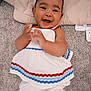 Yumi joined the competition — help win amazing prizes! baby, blue_trim, carpet, child, clapping, clothing, cute, dress, floor, happy, indoor, infant, joyful, person, portrait, red_trim, sitting, smiling, toddler, white_dress