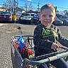 Jaxson joined the competition — help win amazing prizes! child, shopping_cart, groceries, outdoor, parking_lot, car, sunny, blue_sky, playful, smiling, clothing, hoodie, boy, tongue_out, daylight, asphalt, trees, vehicles, casual, person