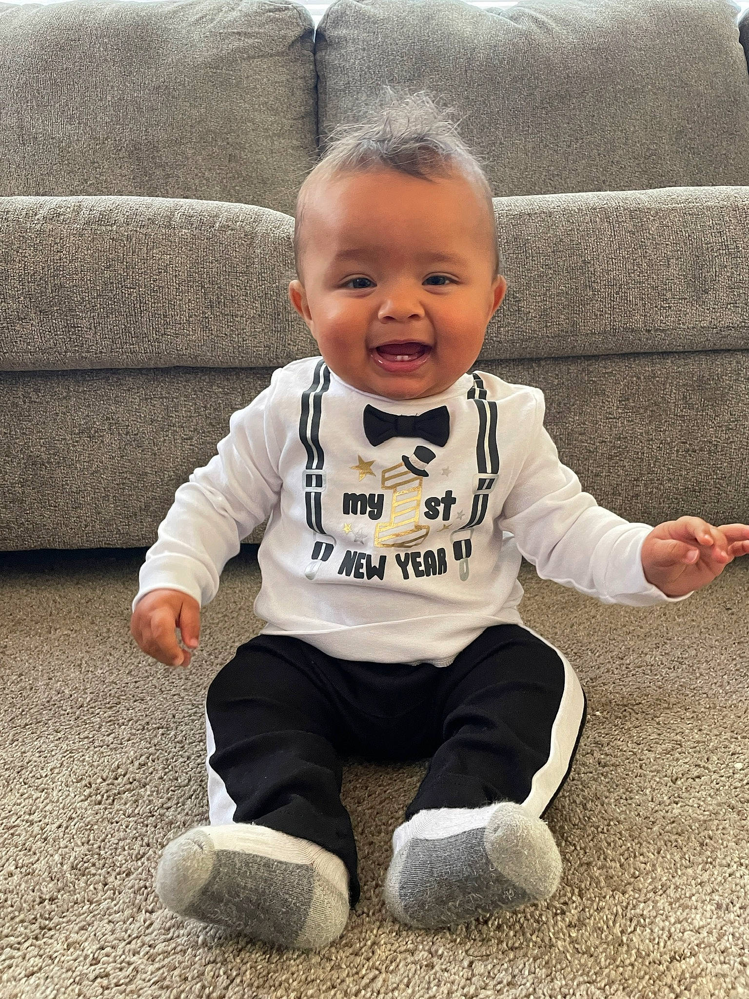 Keenan joined the competition — help win amazing prizes! baby, baby_toddler_clothing, cheek, chin, comfort, couch, eye, face, floor, flooring, furniture, happy, head, human_body, joy, people, person, product, sleeve, smile