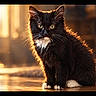 Tupac a rejoint le concours — aidez-le/la à gagner de superbes lots ! adorable, animal, backlighting, black_cat, cat, fluffy, furniture, golden_hour, green_eyes, indoor, long_hair, pet, portrait, sitting, sunlight, tuxedo_cat, whiskers, white_chest, white_paws, wood_floor