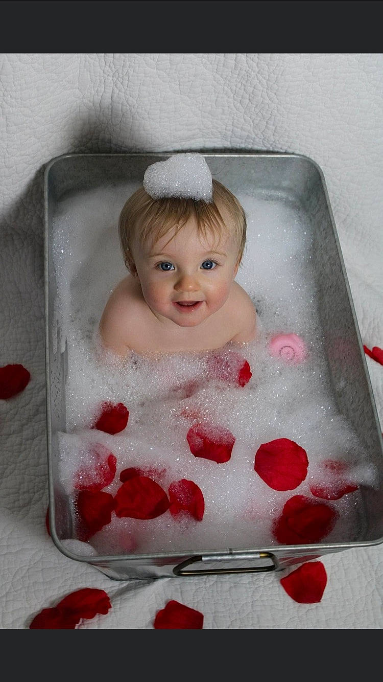 Callie joined the competition — help win amazing prizes! baby, baby_toddler_clothing, bathing, cheek, child, eyelash, fruit, hair, hand, head, joy, lip, pattern, person, petal, pink, rose, smile, sweetness, tableware