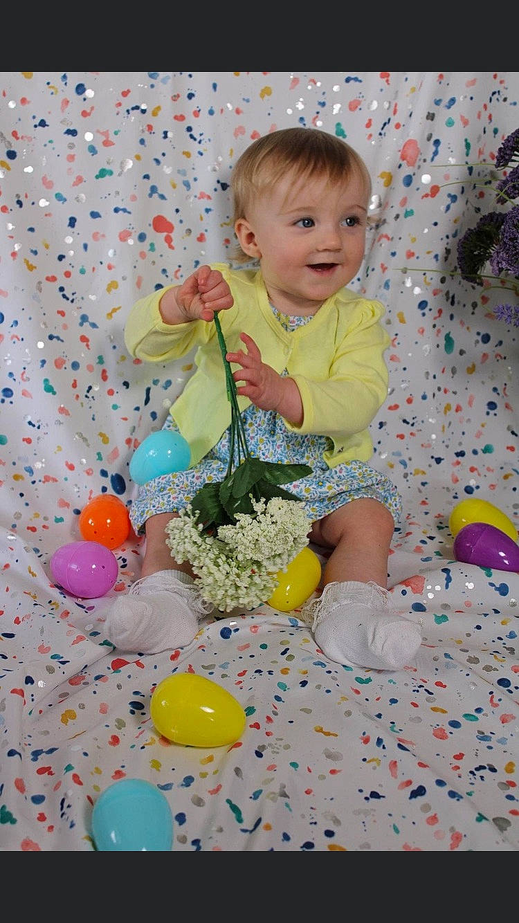 Callie joined the competition — help win amazing prizes! baby, baby_toddler_clothing, child, face, fun, happy, head, linens, pattern, people, people_in_nature, person, photograph, pink, product, sleeve, smile, t_shirt, textile, toddler