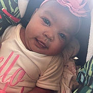 Malani joined the competition — help win amazing prizes! baby, smiling, face, headband, flower, pink, white_shirt, blanket, patterned_blanket, infant, closeup, child, cute, portrait, cozy, soft_lighting, indoors, happy, clothing, baby_girl