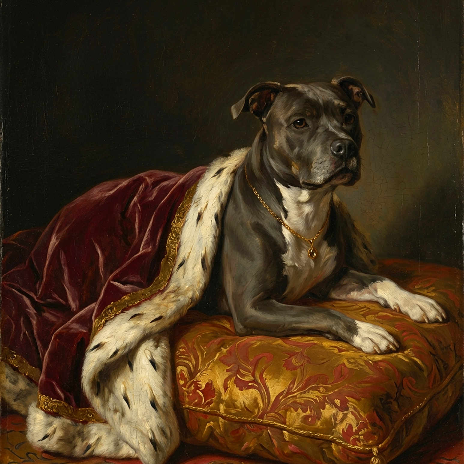 Cameo joined the competition — help win amazing prizes! dog, portrait, royalty, luxury, cushion, robe, golden_necklace, fabric, fur_trim, indoor, animal, noble, decorative, painting, classical, artwork, dignified, resting, expression, dark_background
