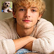 Lynyrd is registered to the contest to win money with this photo: young_man, portrait, blonde_hair, sweater, resting, smiling, face, brown_eyes, dog, small_dog, fluffy_dog, inset_photo, indoor, warm_lighting, casual, relaxed, text_overlay, website_text, human, pet