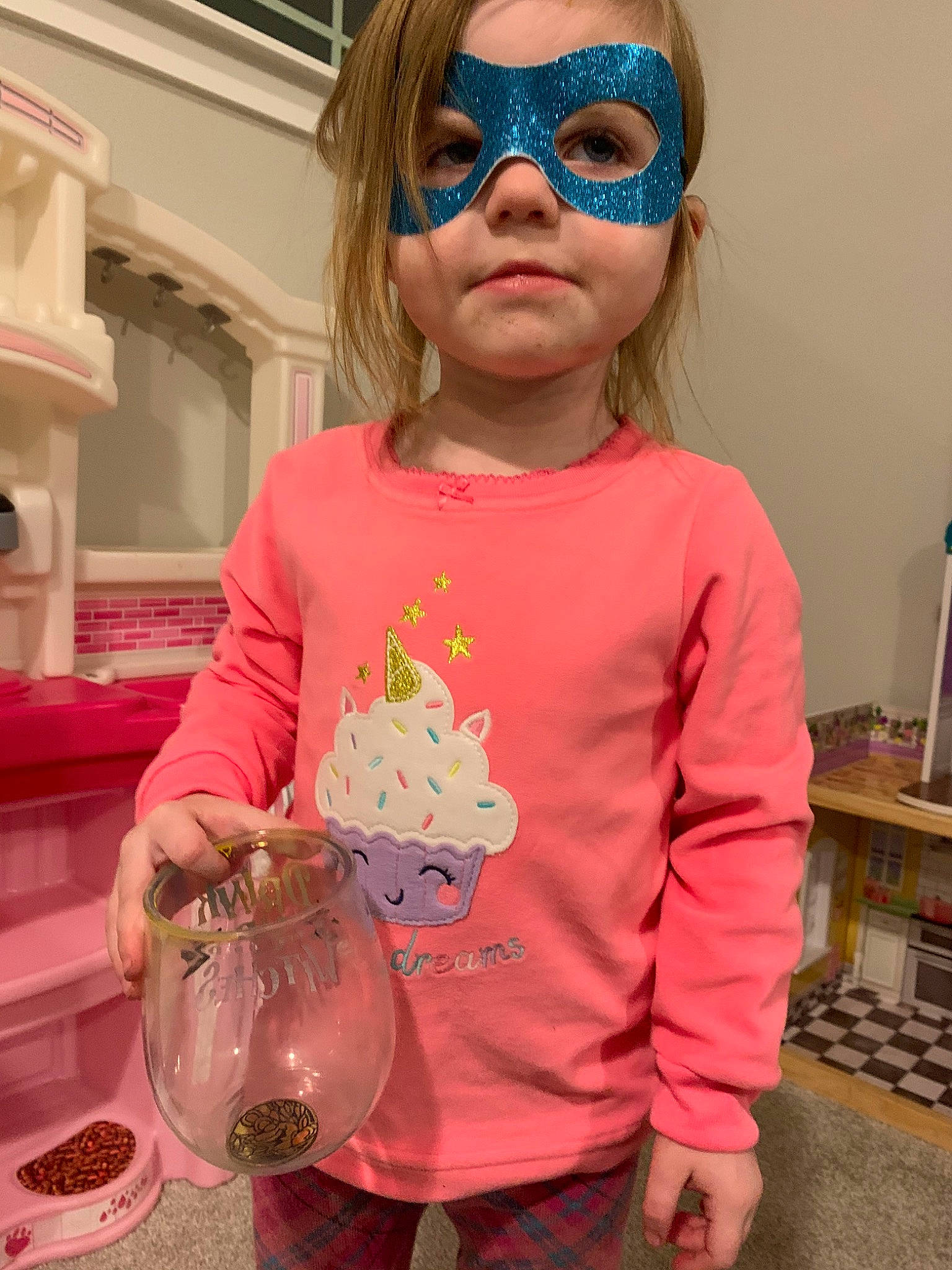 Ezmae is registered to the contest to win money with this photo: child, cool, costume, eyewear, glasses, outerwear, person, personal_protective_equipment, pink, toddler, vacation