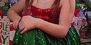 Taylor is registered to the contest to win money with this photo: child, christmas_tree, decorations, festive, floor, gift_bags, girl, happy, headband, holiday, holiday_lights, indoors, long_hair, presents, red_bow, seated, shoes, smiling, sparkly_dress, wooden_floor